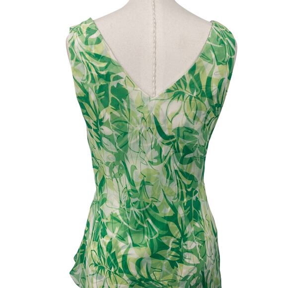 Vintage Y2k Silk Dress Floral Leaf Printed Faux Wrap Sleeveless Gathered Green - Picture 6 of 9